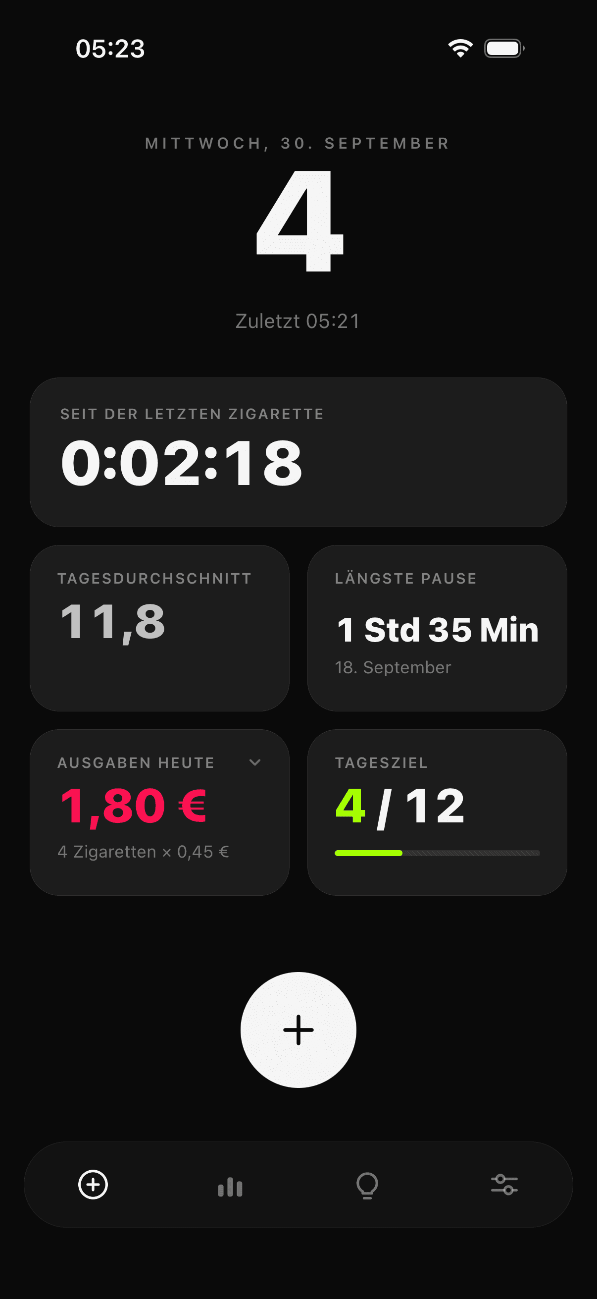 Startbildschirm von Tane: heutige Anzahl, Zeit seit der letzten Zigarette und Tagesstatistiken