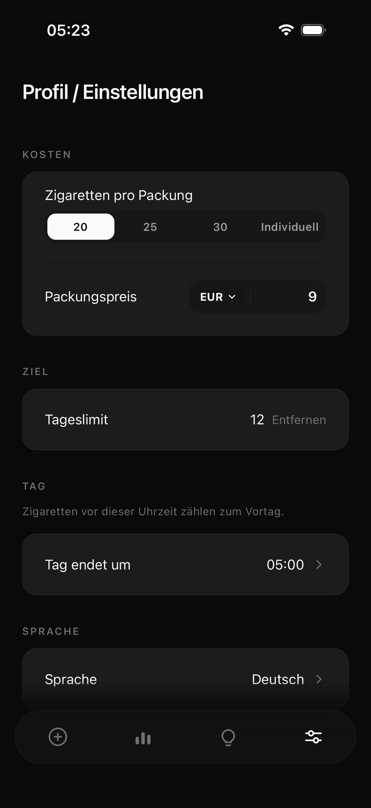 Einstellungsbildschirm von Tane: Kosten aus dem Packungspreis und ein Tageslimit