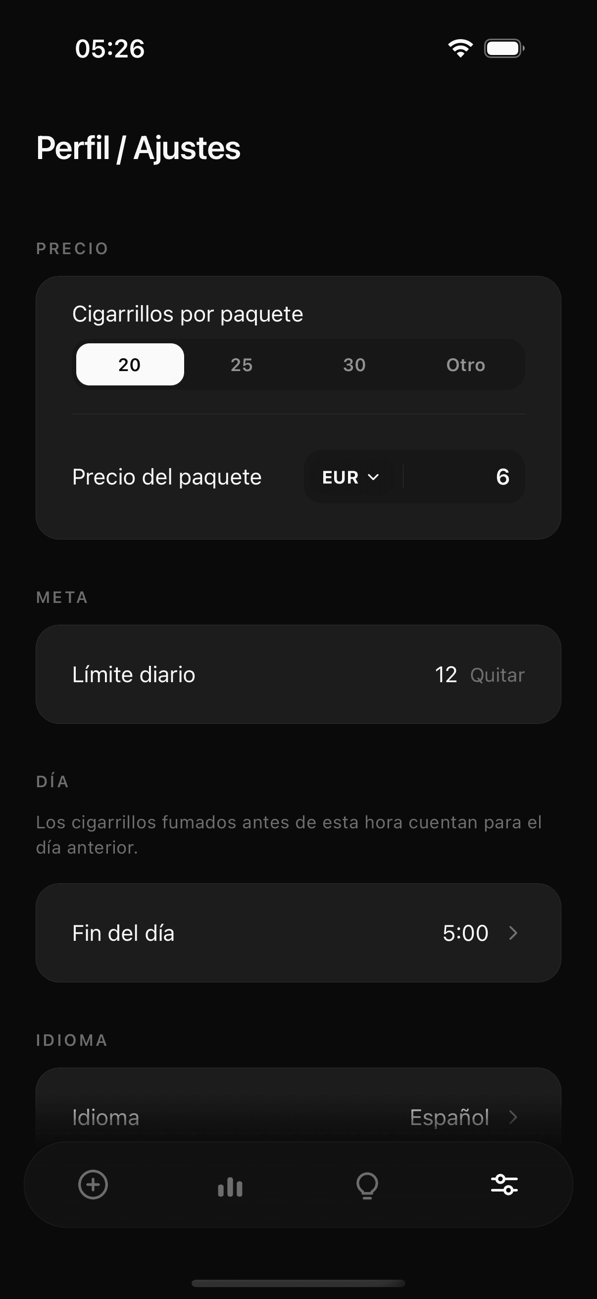 Pantalla de ajustes de Tane: precio calculado a partir del paquete y límite diario