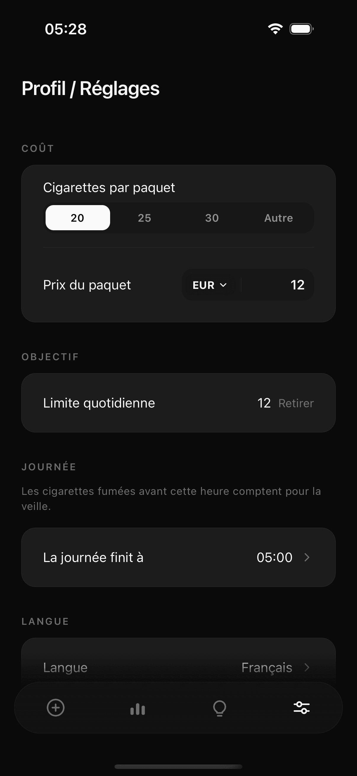 Écran Réglages de Tane : coût calculé à partir du prix du paquet et limite quotidienne