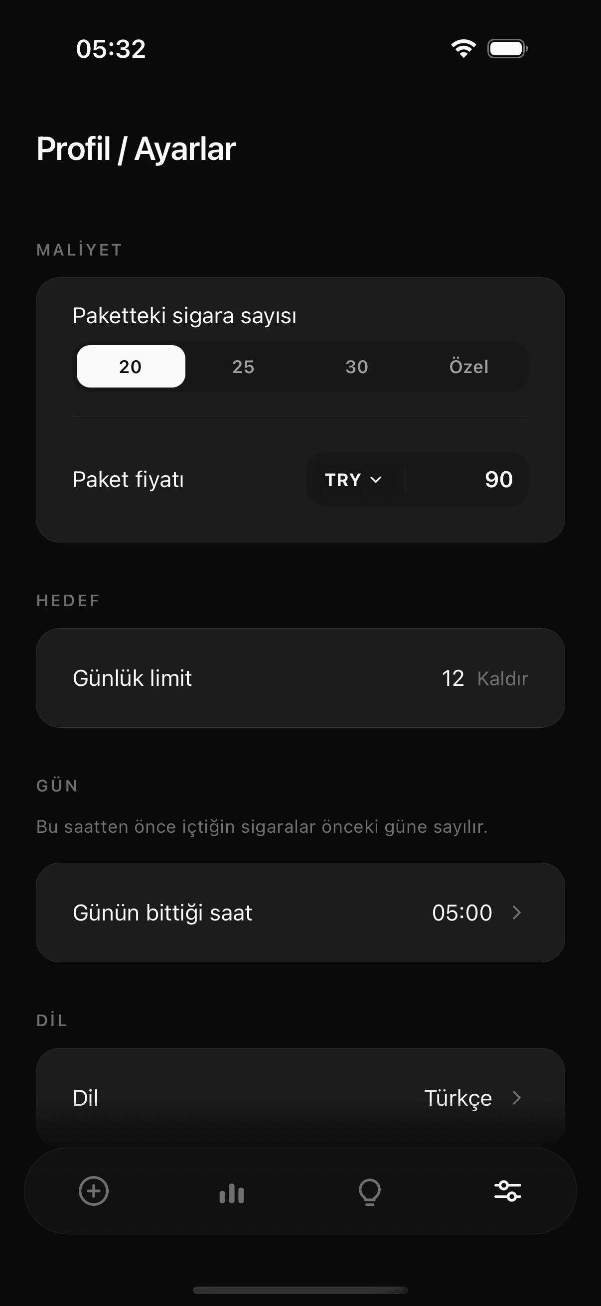 Tane ayarlar ekranı: paket fiyatından maliyet hesaplama ve günlük limit belirleme